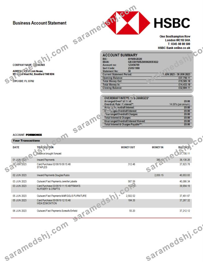 HSBC Bank company statement Word and PDF template